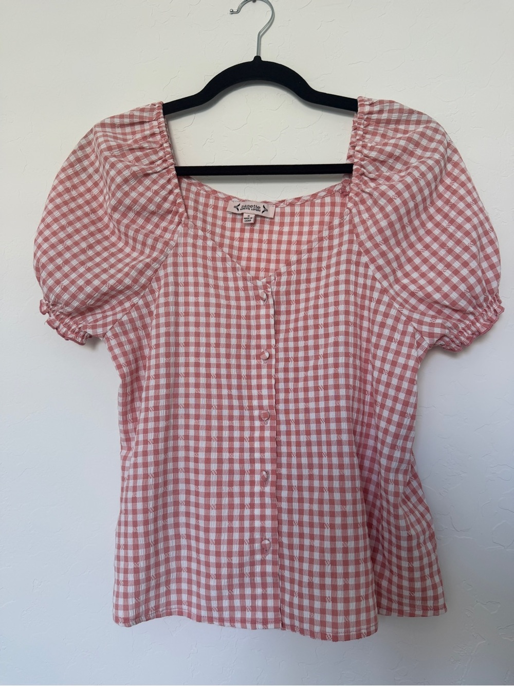 Nanette Lepore | Pink Gingham Puff-Sleeve Button Front Top | Small